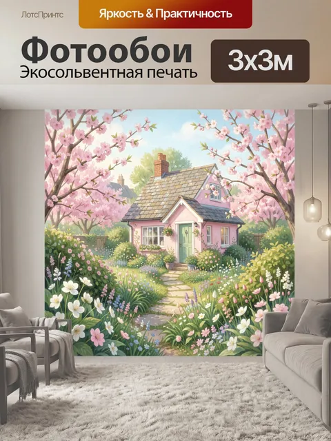 Фотообои Розовый домик в цветущем саду