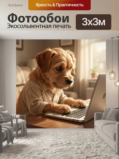 Фотообои Собака за ноутбуком дома