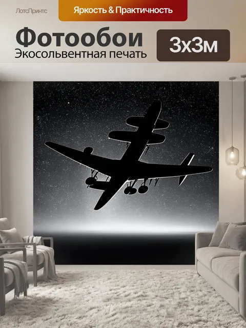 Фотообои самолет в черно-белом стиле, мостит маршрут в звёздное небо