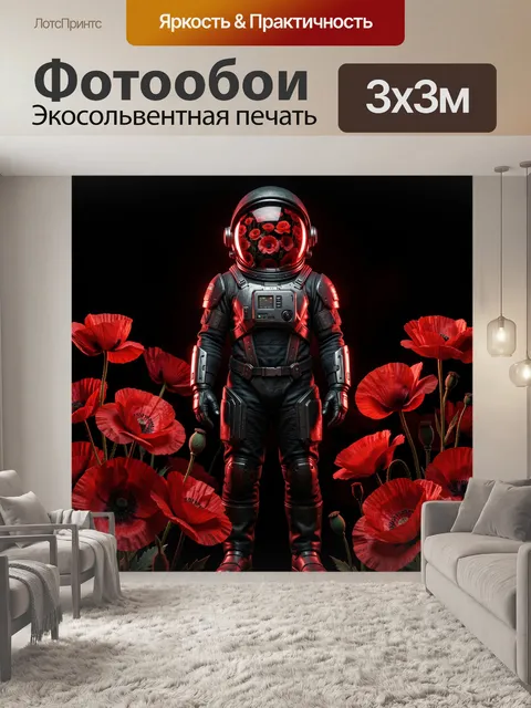 Фотообои Одинокий астронавт в детализированном тёмном скафандре среди алых маков и бутонов
