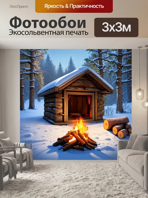Фотообои зимний пейзаж с недостроенной баней, окруженной снегом и дровами