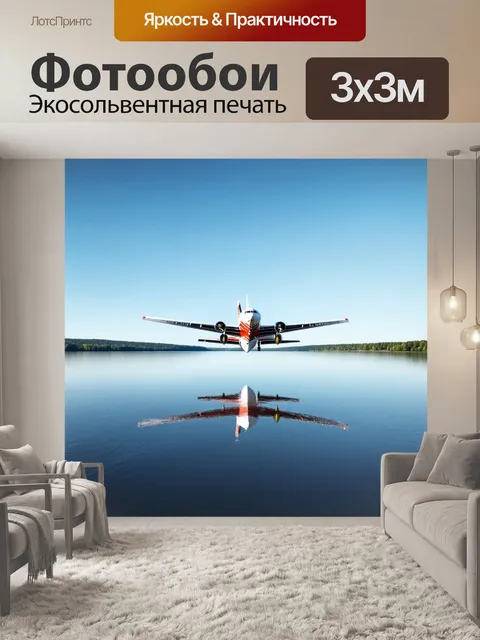 Фотообои самолет, парящий над живописным озером с отражением в воде