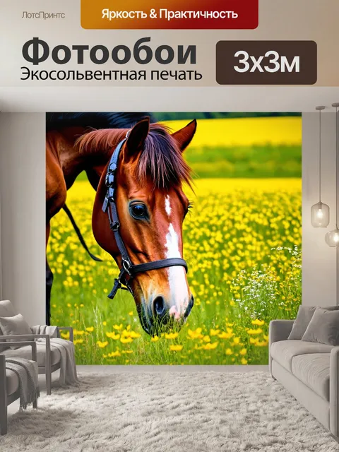 Фотообои лошадь, увлеченно сосредоточенная на траве, рядом с ней цветущий луг