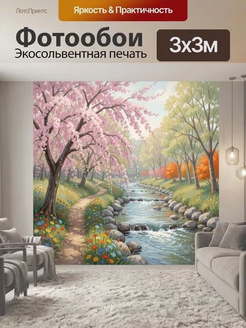 Фотообои Весенний ручей в цветущем саду