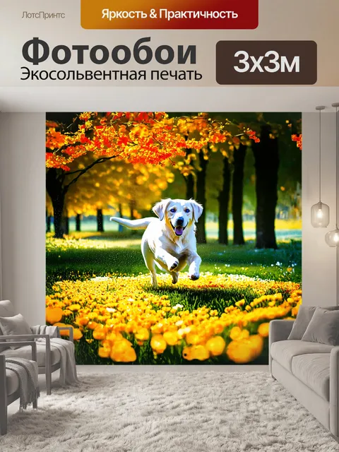 Фотообои белый лабрадор, игриво скачущий по полю цветов, окружен яркими пестрыми цветами, лучи солнца пробиваются…