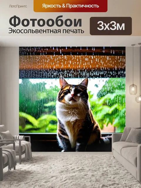 Фотообои кот, наблюдающий за дождём из-под крыши