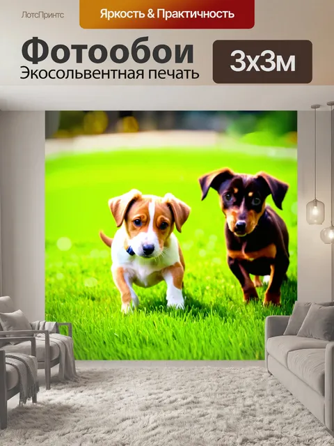 Фотообои животные в стиле боке, забавные собаки, играющие на зелёной лужайке с размытым фоном, солнечное утро