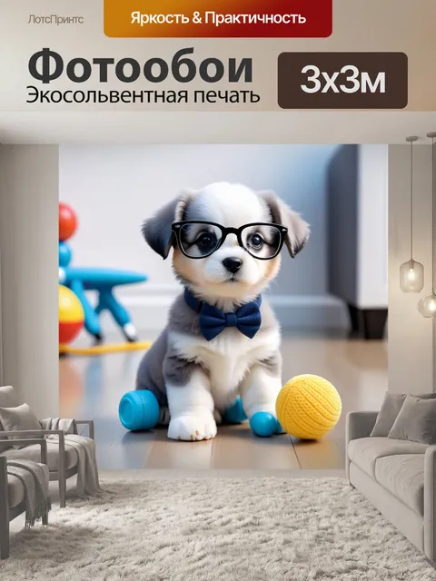 Фотообои очаровательная собачка в стильных очках, стоящая рядом с игрушкой