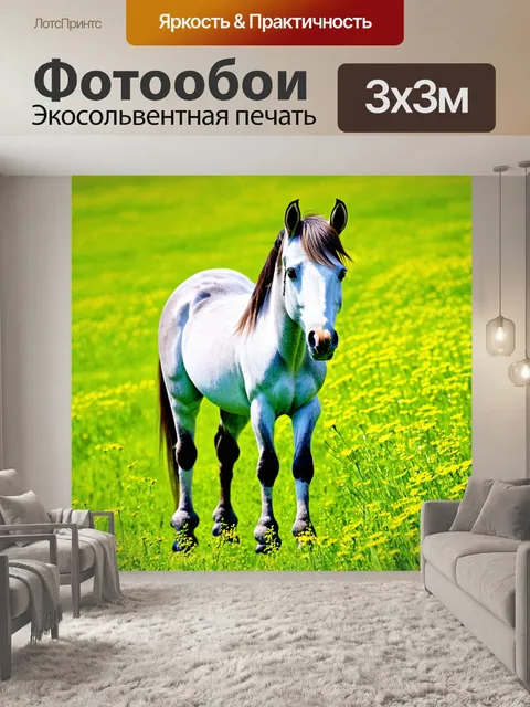 Фотообои пони стоит на зеленом лугу, солнечный день, цветы вокруг
