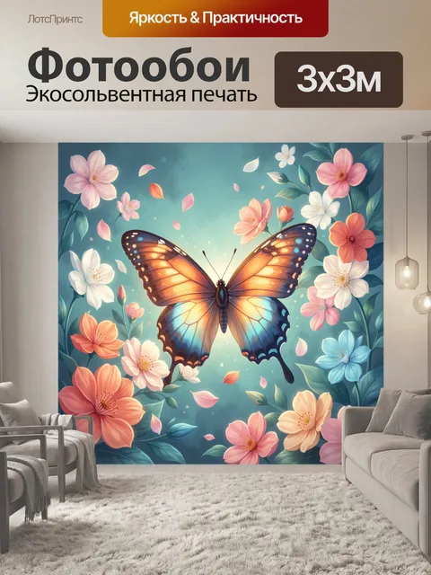 Фотообои Яркая бабочка среди цветов