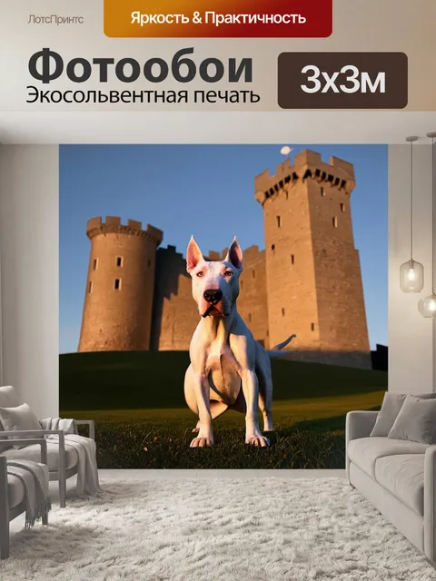 Фотообои на фоне старинного замка, белый бультерьер стоит с гордо поднятой головой, освещенный мягким светом заката