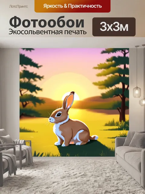 Фотообои пейзаж с кроликом, мирно сидящим на фоне заката