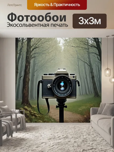 Фотообои стильный ретро-объектив видеокамеры с эффектом изношенности на фоне туманного леса