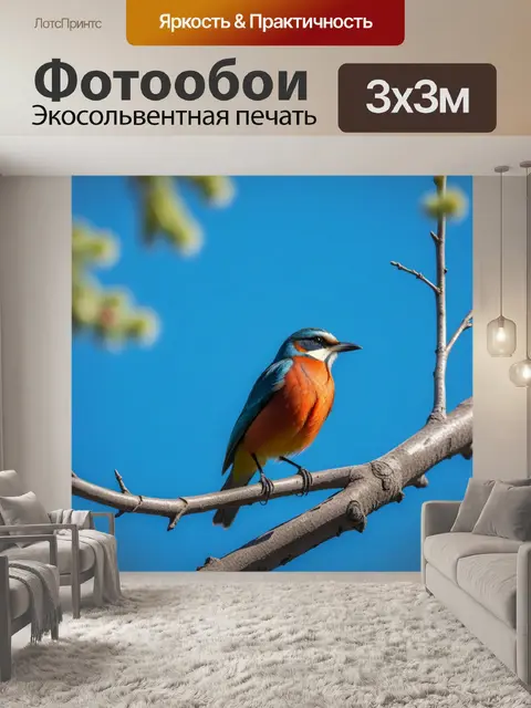 Фотообои птица, сидящая на ветке с ясным голубым небом