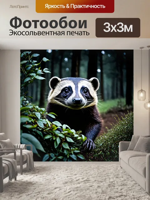 Фотообои животные в стиле нуар, медоед, таинственно выглядывающий из-за куста в темном лесу, готовый к действию