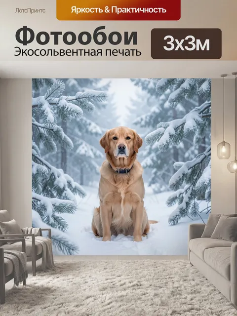 Фотообои Золотистый ретривер в зимнем лесу