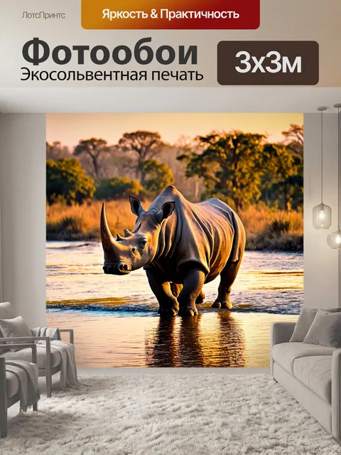Фотообои носорог, гуляющий по берегу реки при закате