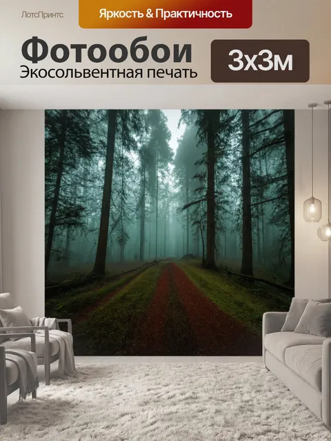Фотообои лес в тумане, создающем загадочную атмосферу