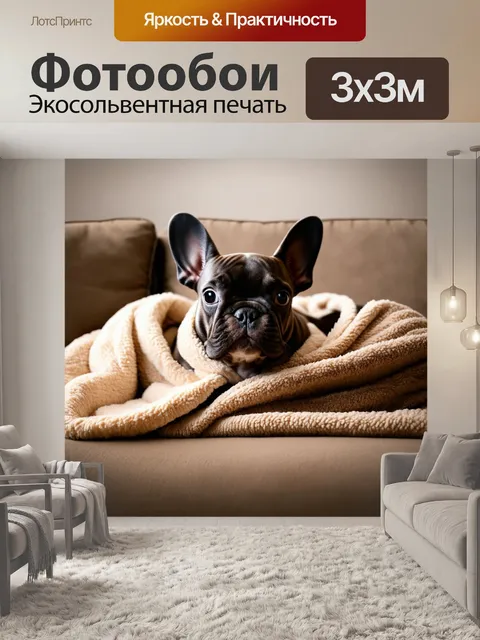 Фотообои сцена с французским бульдогом в теплой пледе