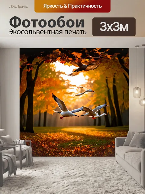 Фотообои гуси, выстраивающиеся в идеальный v-образный поток, летят над осенним лесом, где яркие оттенки желтого…