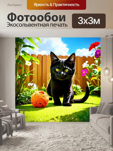 Фотообои гладкая черная кошка, играющая с клубком яркой нитки в солнечном саду, среди зеленых растений и ярких цветков