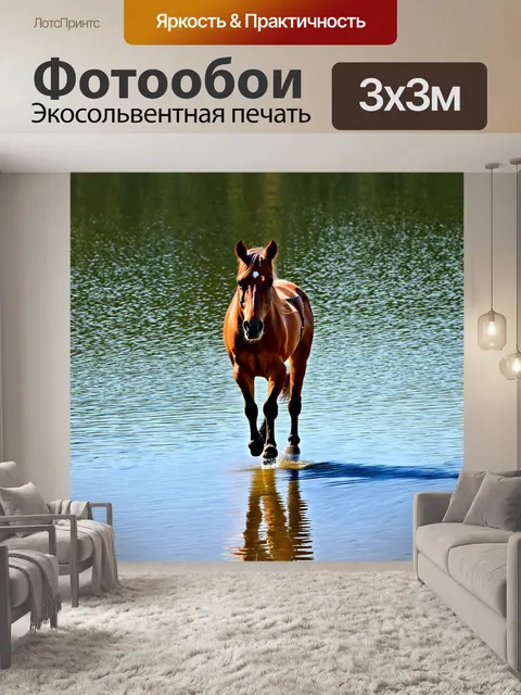 Фотообои лошадь, проходящая мимо зеркального озера
