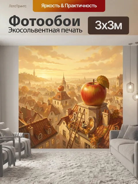 Фотообои Яблоко на крыше над городом