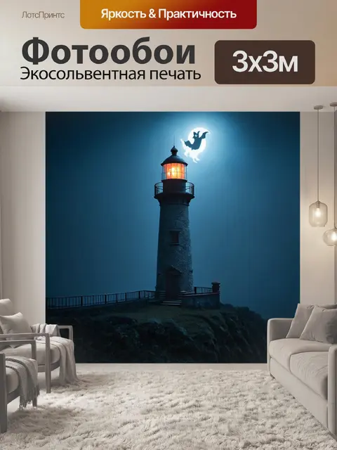 Фотообои ночь в стиле фэнтези, старинный маяк, светящийся в тумане, где появляется призрак матроса