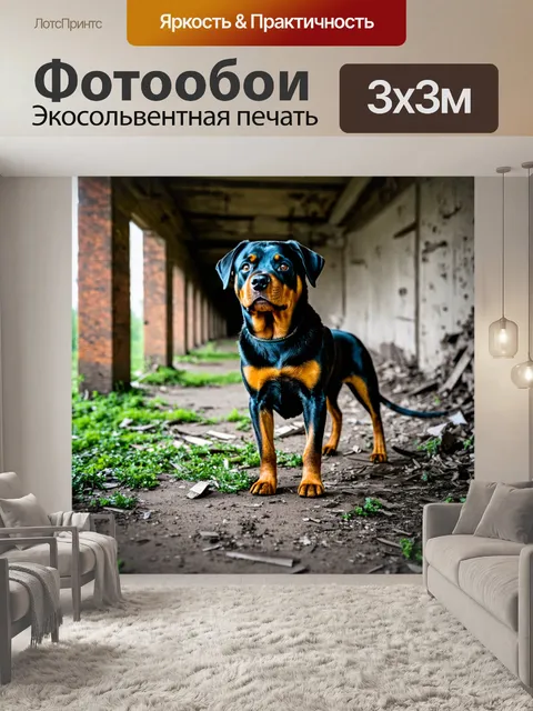 Фотообои ротвейлер, исследующий заброшенное здание, с интригующим и загадочным настроением