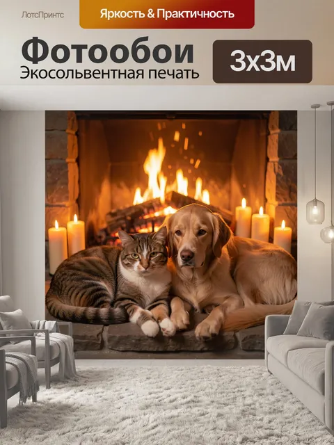 Фотообои Кот и пёс у камина
