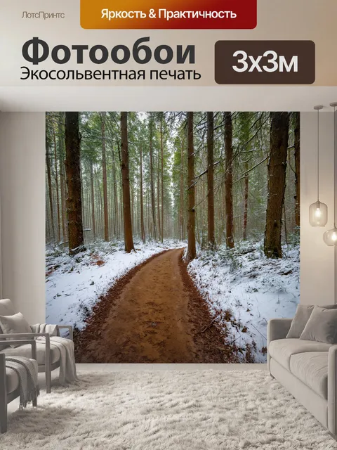 Фотообои пути в зимнем лесу, где снег шуршит под ногами, а повсюду разлиты неприступные деревья
