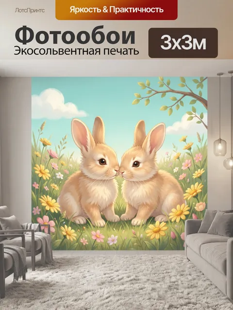Фотообои Два зайчонка в цветущем лугу