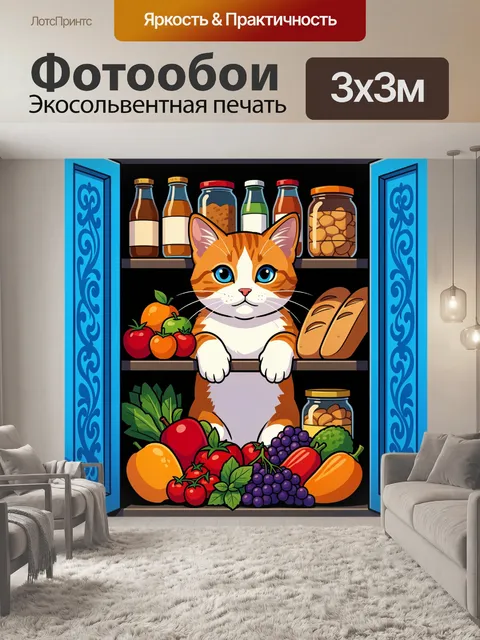 Фотообои Кот среди фруктов и банок