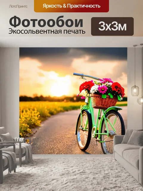 Фотообои Вечерний пейзаж с велосипедом, стоящим на дороге