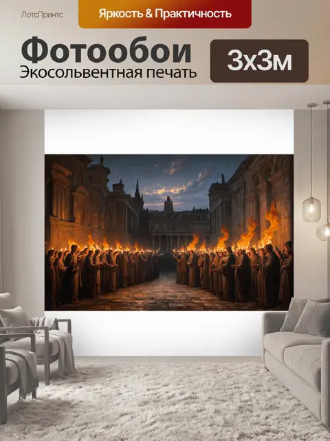 Фотообои панорама древнего рима при вечере, с огнями и пламенем факелов, отображающими священные ритуалы