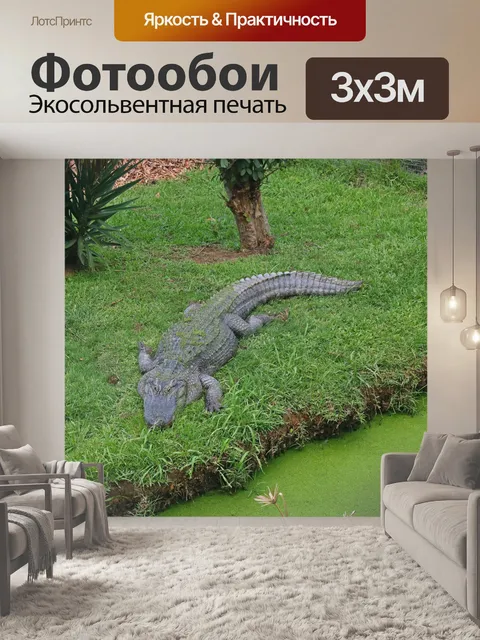 Фотообои Крокодил на лужайке рядом с зеленым пруд
