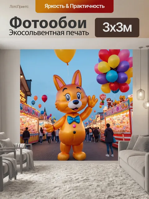 Фотообои город в стиле маскот, вечерние ярмарки с маскотами, угощающими сладостями и развязывающими воздушные шарики
