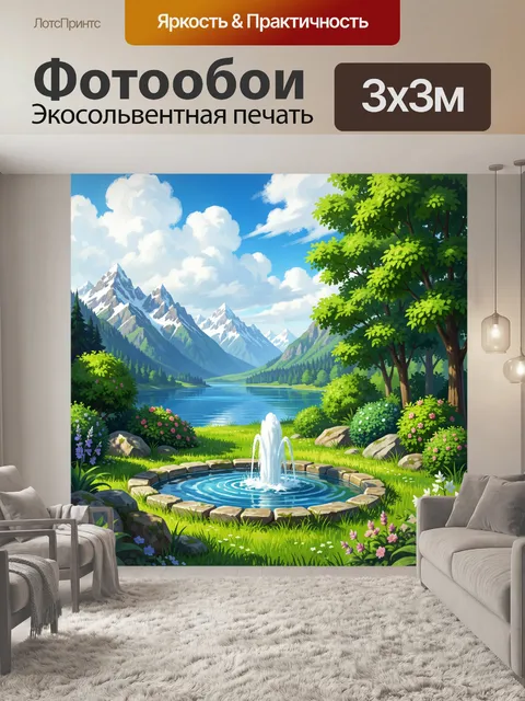 Фотообои Горная долина с озером и фонтаном