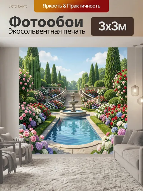 Фотообои Сад с фонтаном и розами