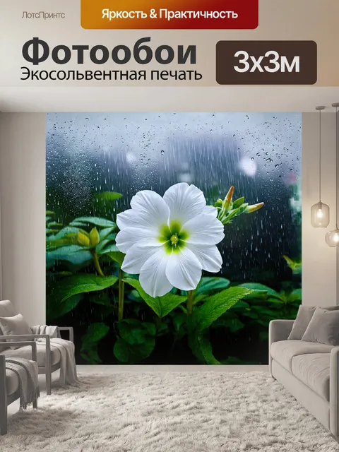 Фотообои импрессионистическое изображение белого цветка в саду во время дождя