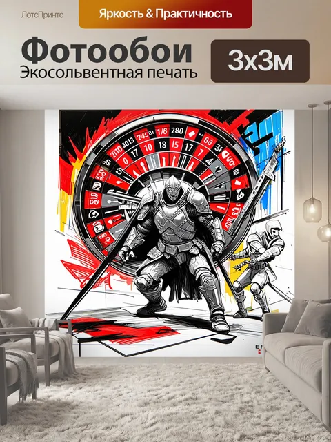 Фотообои сцена воина, обрисованная на фоне колеса рулетки, где колесо имеет эффект движущейся массы, создавая…