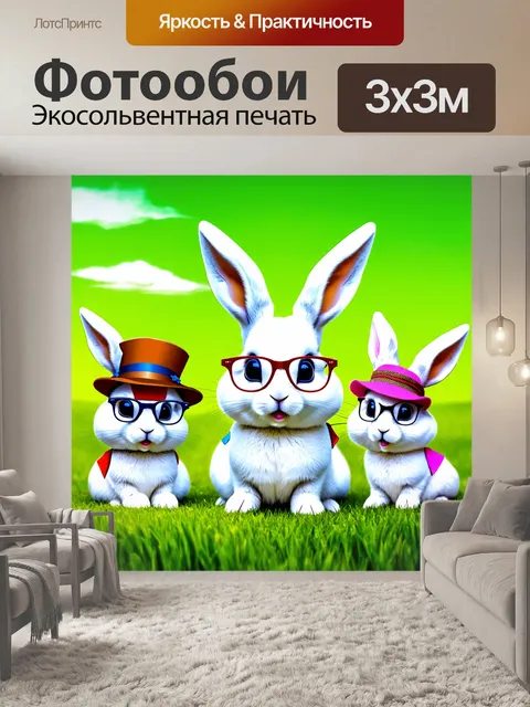 Фотообои животные в стиле стикер: забавные кролики с очками и шляпами на фоне зеленого пасторального пейзажа