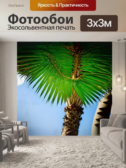 Фотообои пальма выделяется яркими зелеными листьями, которые нежно колышутся на мягком ветерке