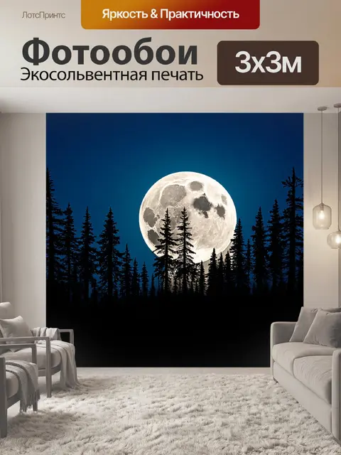 Фотообои линии, создающие силуэт леса на фоне полнолуния