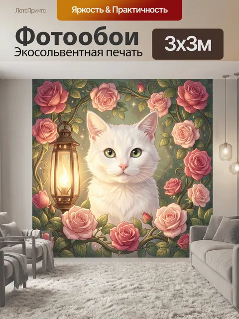 Фотообои Белая кошка в венке роз