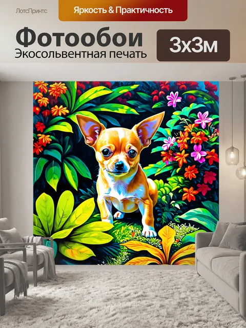 Фотообои в тропическом саду, маленький чихуахуа щенок исследует цветочные кустарники, окруженный экзотическими…