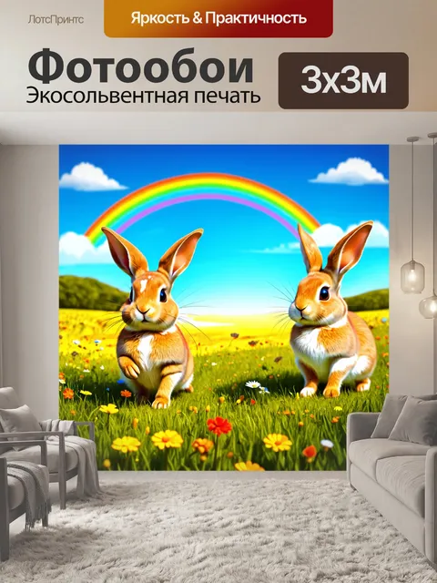 Фотообои животные в стиле иллюстрация: забавные зайцы, прыгающие по лугам с яркими цветами и радугой на горизонте