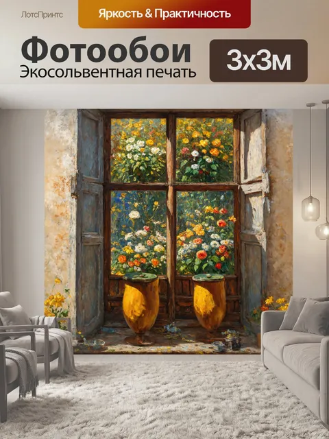 Фотообои город в стиле гюстав курбе, с изображением старинного окна с цветами, создающего атмосферу уюта и тепла