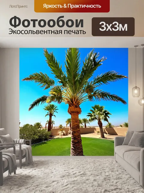 Фотообои пальма в оазисе, окруженная яркими финиковыми деревьями и зелеными лужайками, с голубым небом над головой