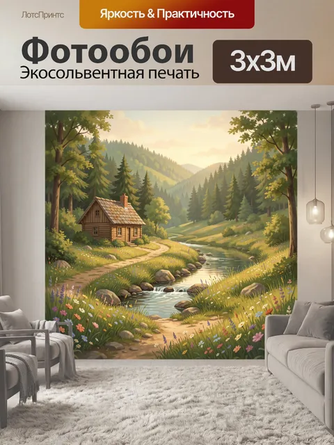 Фотообои Домик у лесной реки на закате